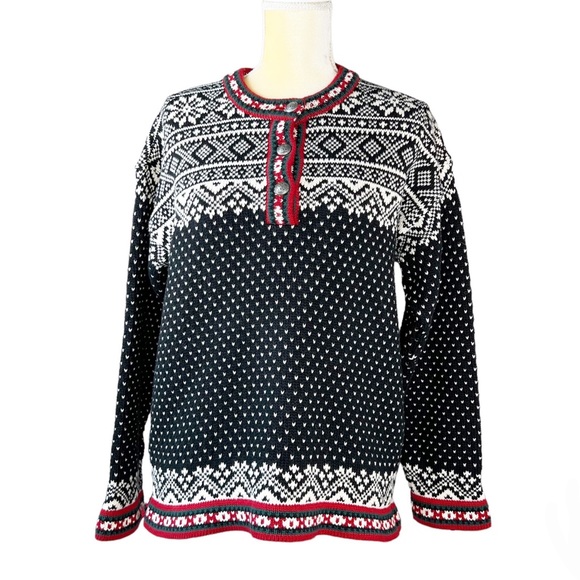 L.L. Bean Sweater Kingfield Fair Isle Size Medium Black Red Nordic Snowflake EUC - Picture 12 of 12